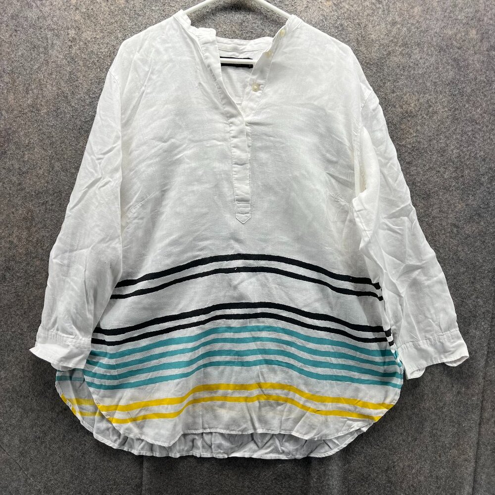 Lauren Ralph Lauren Shirt Womens 1X White Linen Striped Long Sleeve Black Label